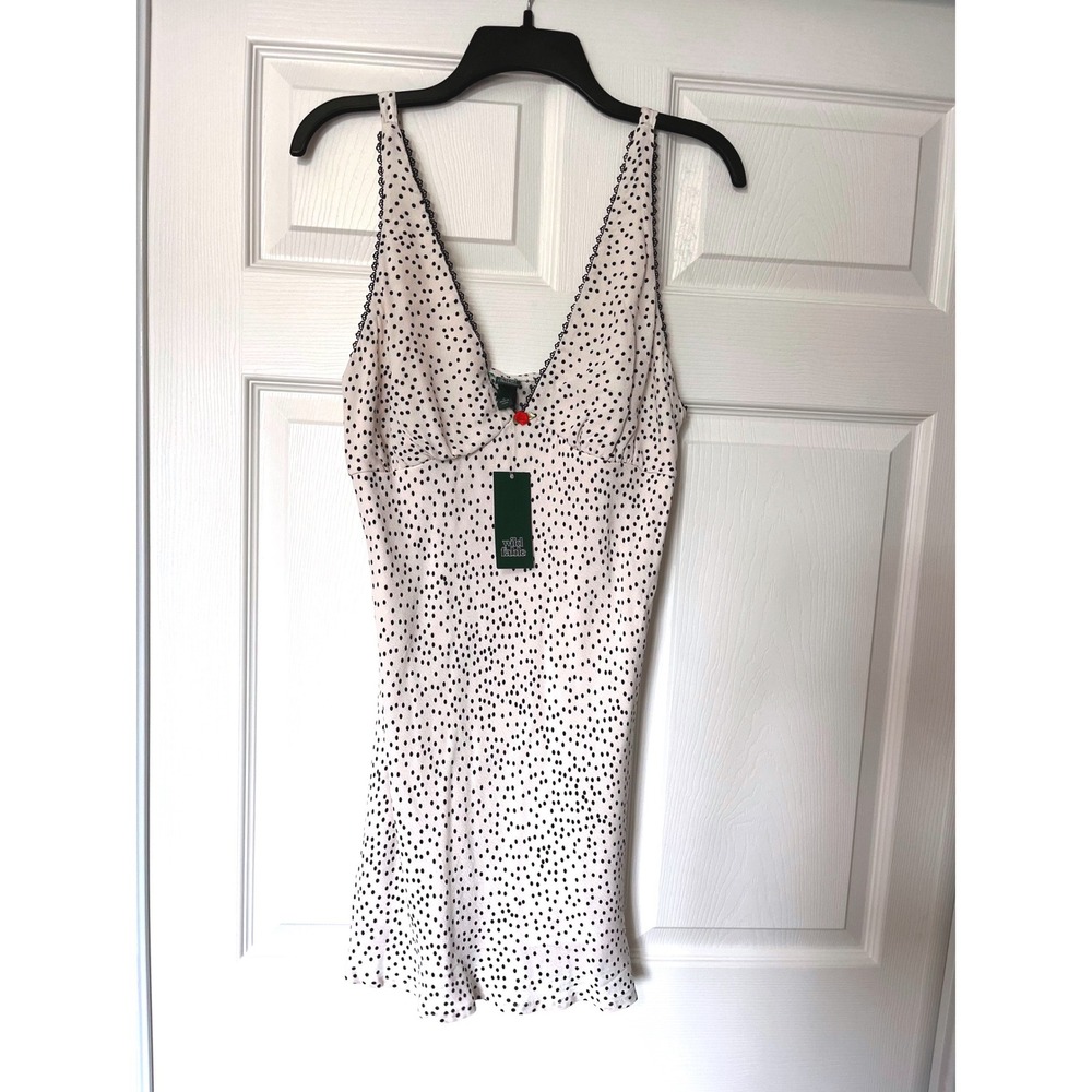 Wild Fable Womens Polka Dot Lace Trim Slip Mini‎ Dress White Black Rose Detail M